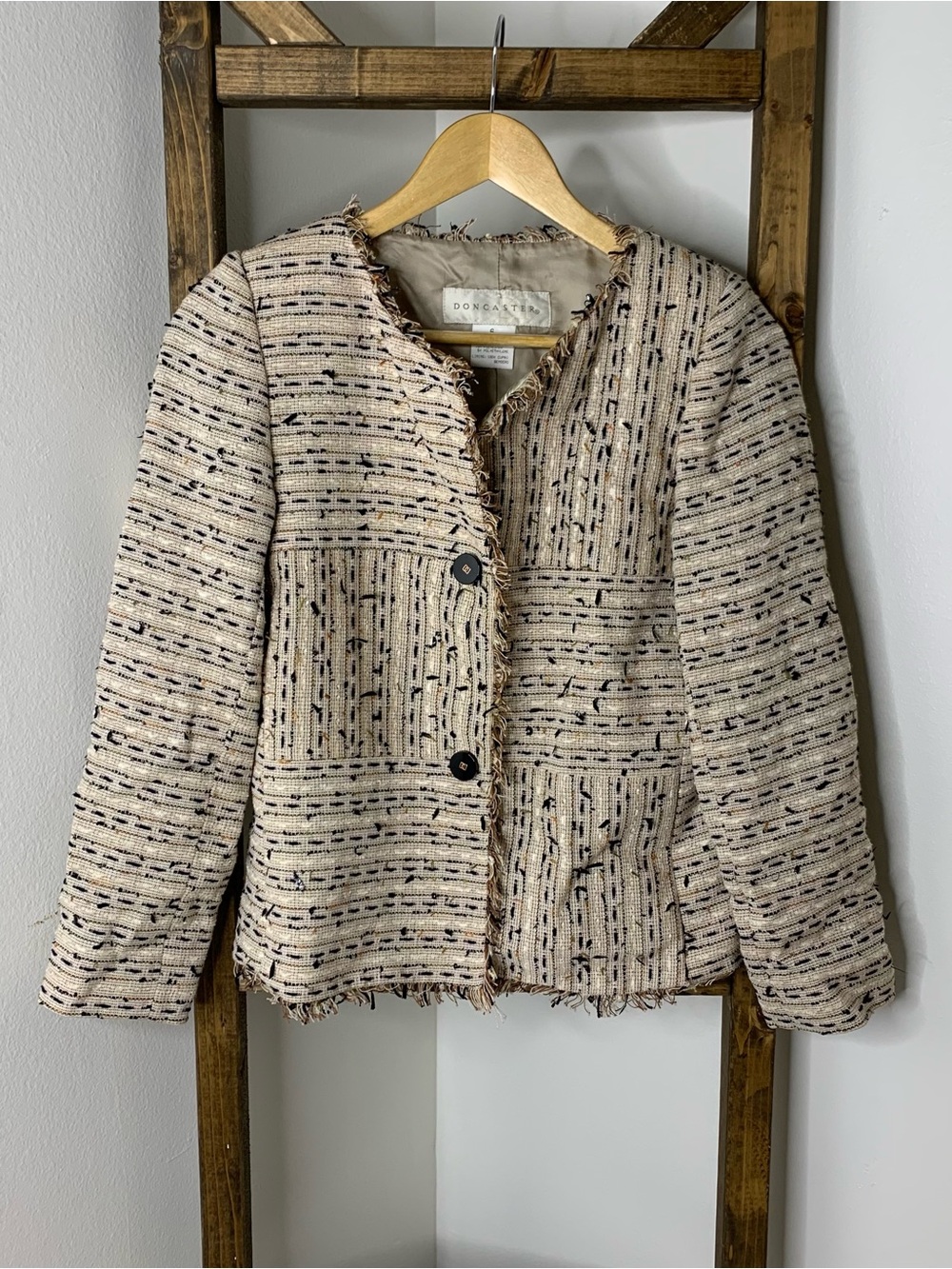 Doncaster Beige Tweed Fringe Boxy Jacket with Black Accents Size 6